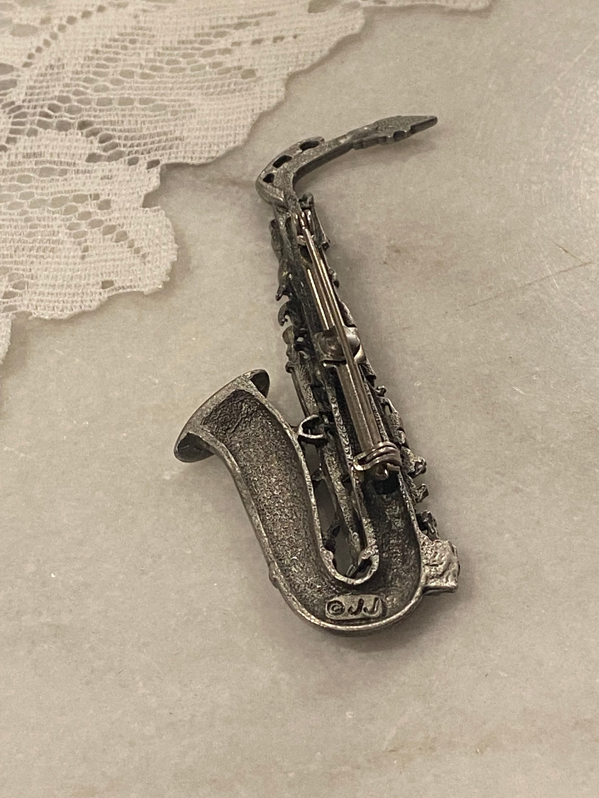 Pewter Saxaphone Brooch by Jonette Jewelry (Signed)