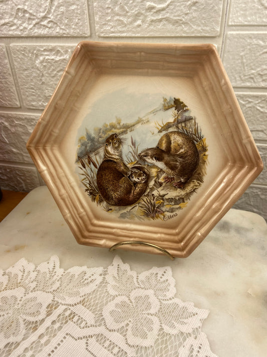 Hexagonal Ceramic Decorative Plate with Family of Otters