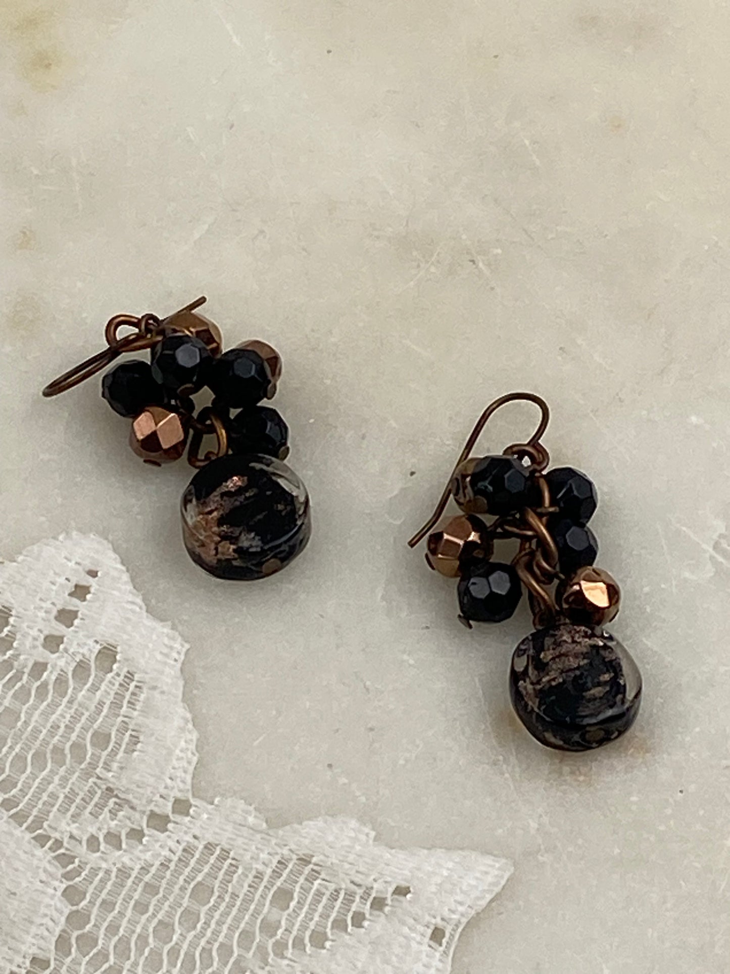 Black and Copper Hand Turned Glass Dangle Earrings [Hooks]