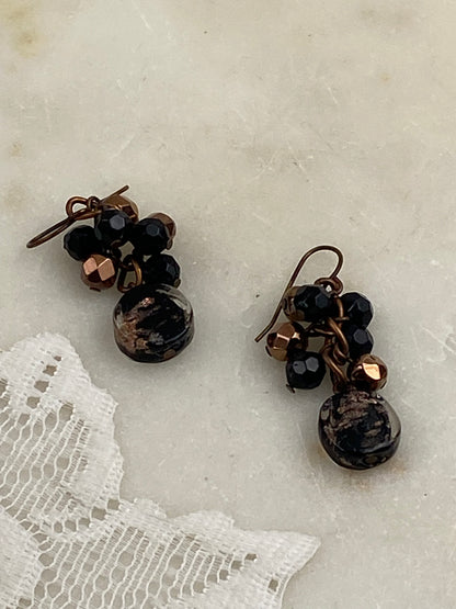 Black and Copper Hand Turned Glass Dangle Earrings [Hooks]