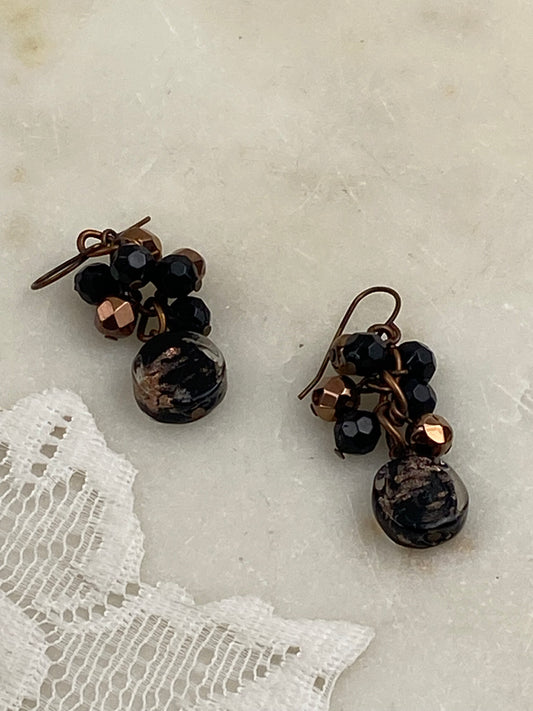 Black and Copper Hand Turned Glass Dangle Earrings [Hooks]