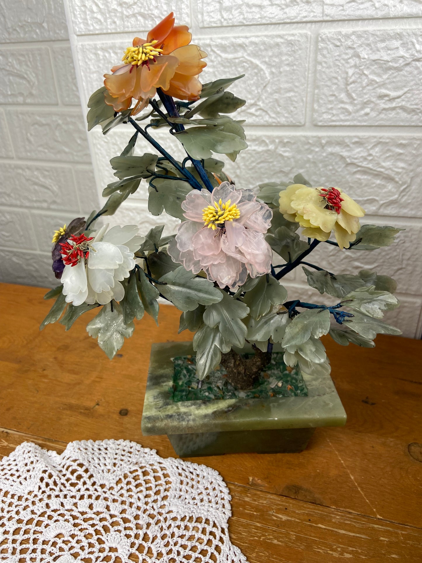 Carved Jade Bonsai Plant with Colourful Jade Flowers