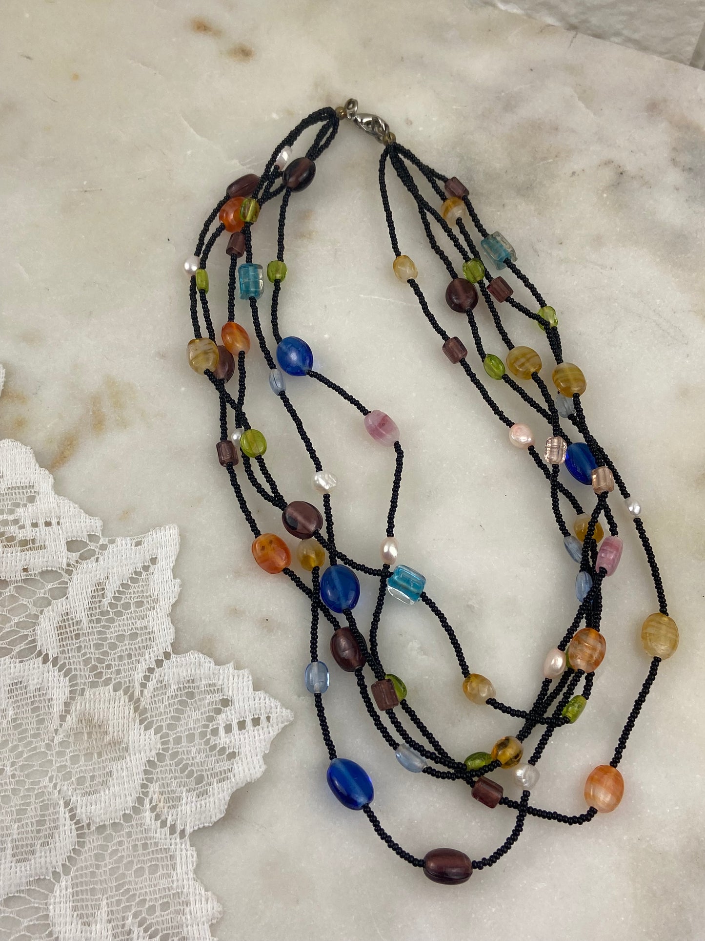 Colourful Handmade Multi-Strand Beaded Necklace with Pearls and Glass Beads