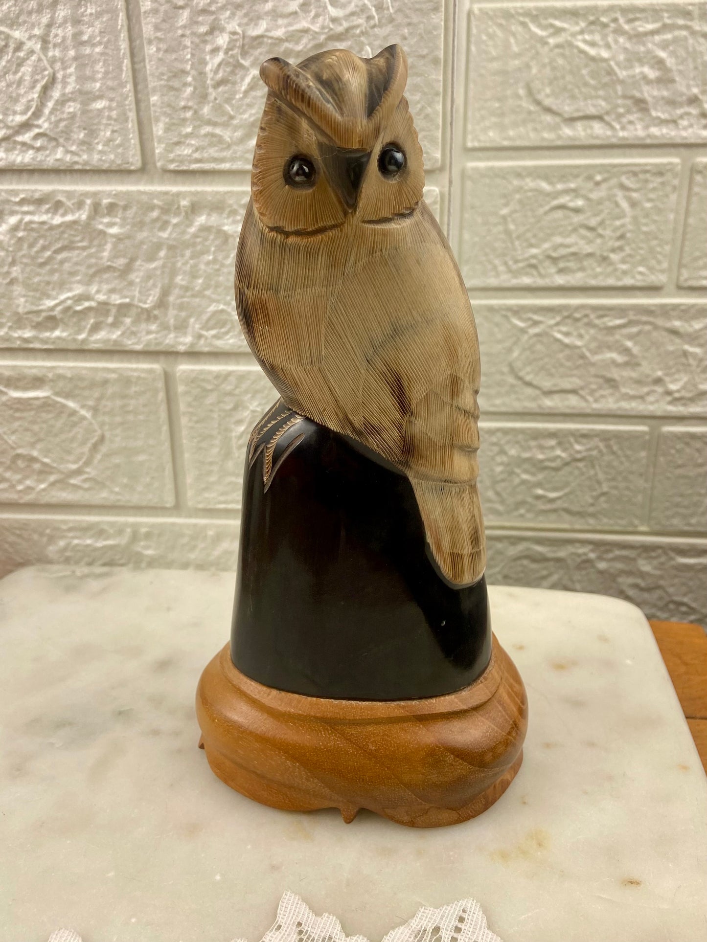 Hand-Carved Owl Sculpture from Water Buffalo Horn | Wooden Base