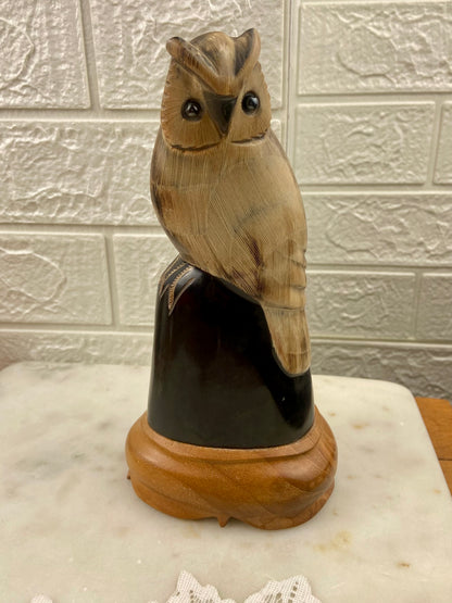 Hand-Carved Owl Sculpture from Water Buffalo Horn | Wooden Base