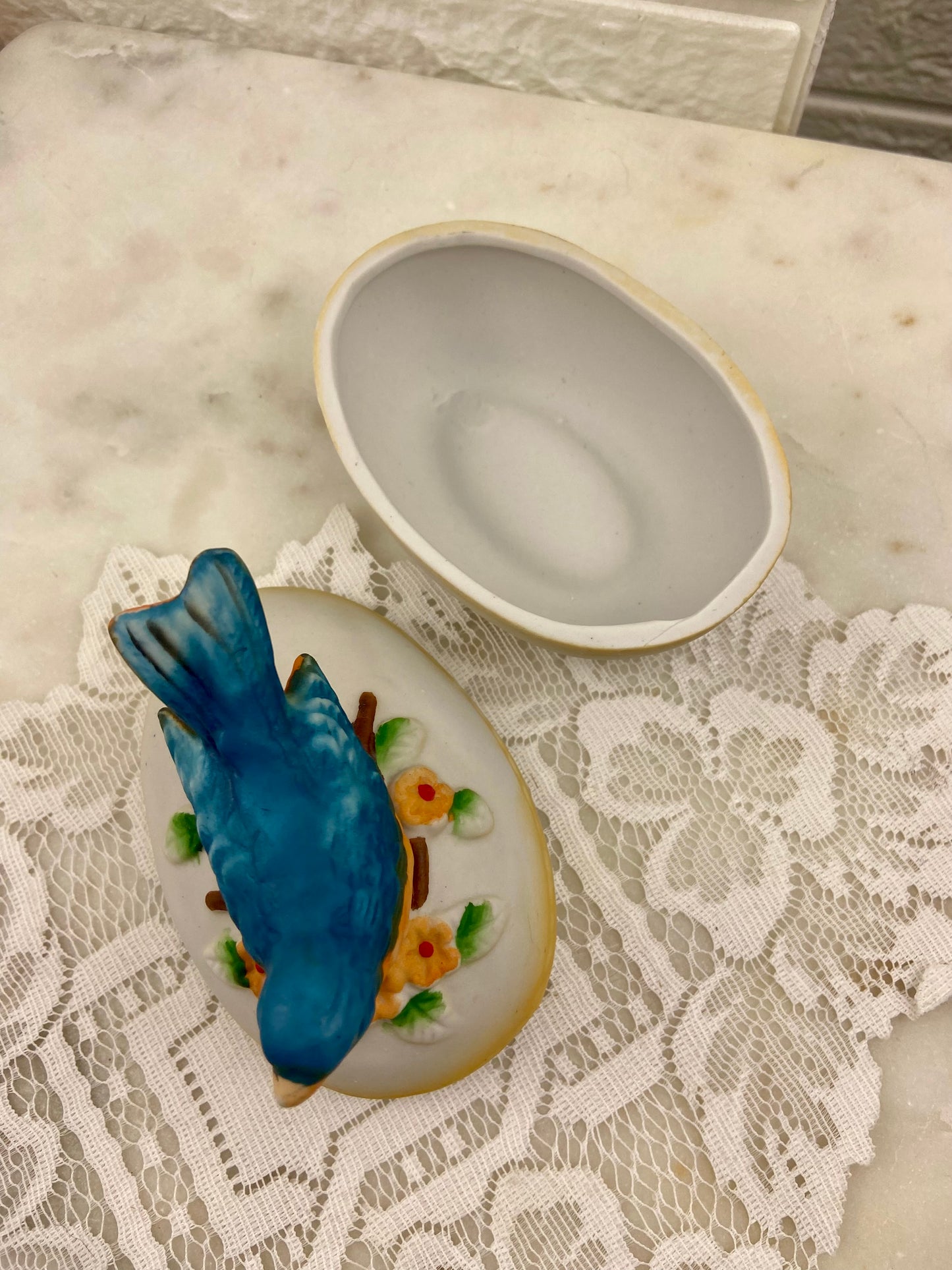 Bisque Porcelain Egg-Shaped Trinket Box with Blue Bird