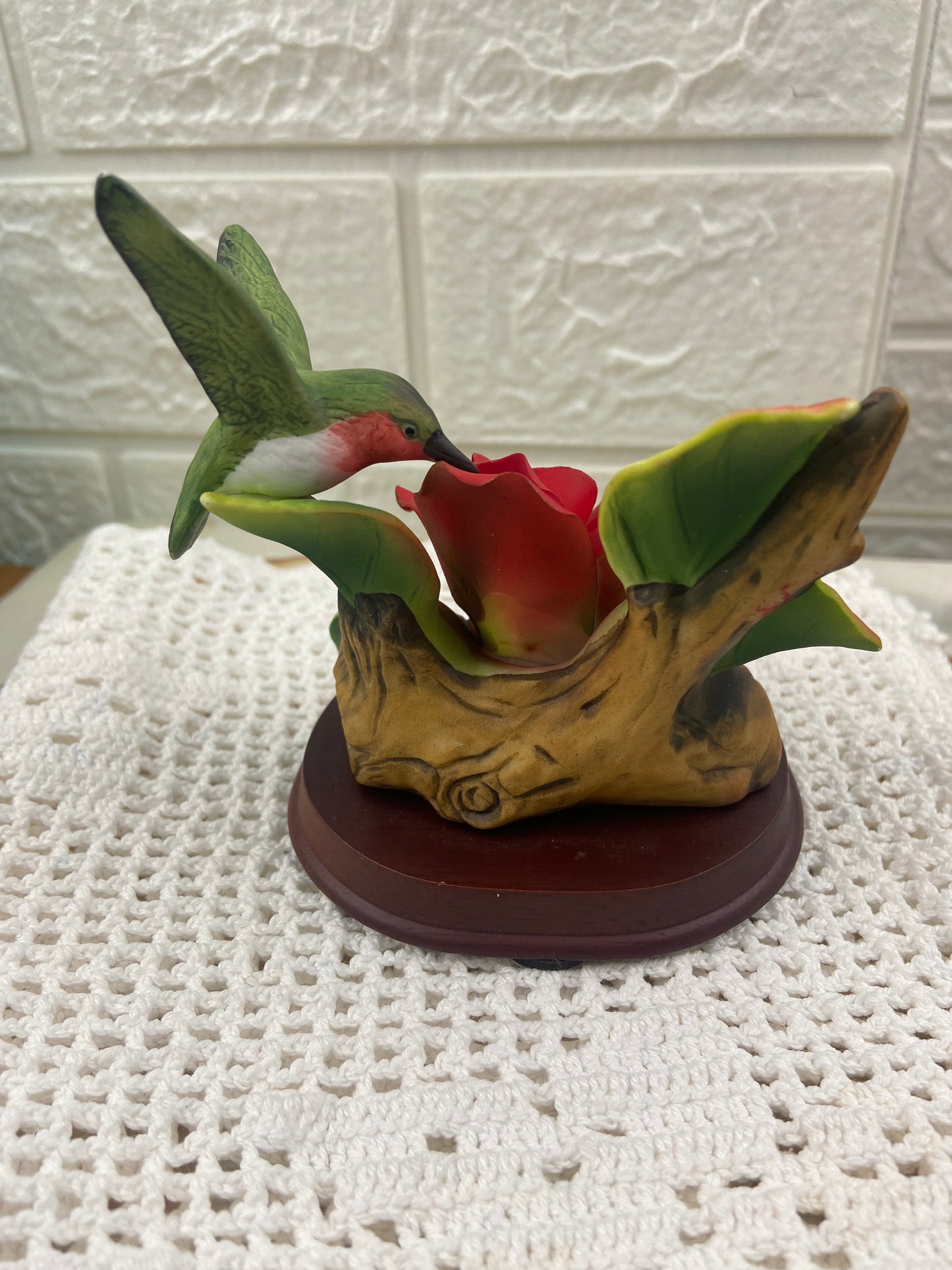 Red Bisque Porcelain Rose with Hummingbird on Small Branch