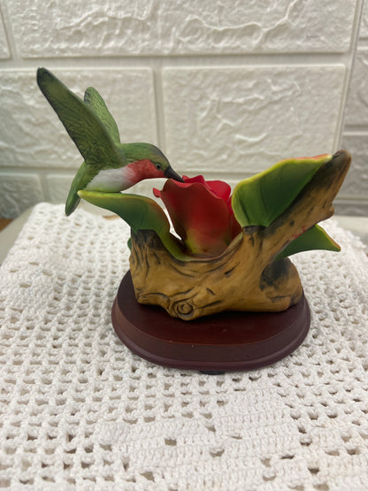 Red Bisque Porcelain Rose with Hummingbird on Small Branch