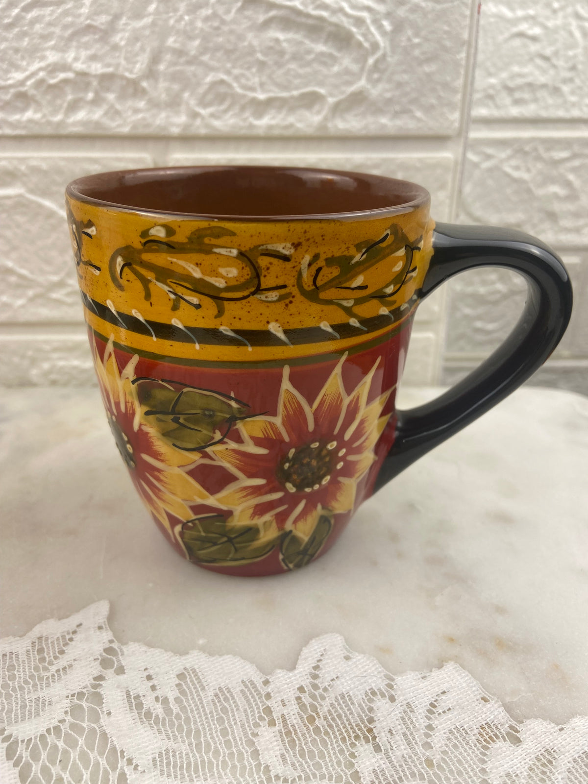 Textured Hand Painted Terracotta Coffee Mug with Sunflower Pattern by Pier 1