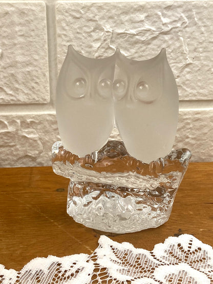 Vintage Reijmyre Glasbruk Crystal Owls Figurine / Paperweight
