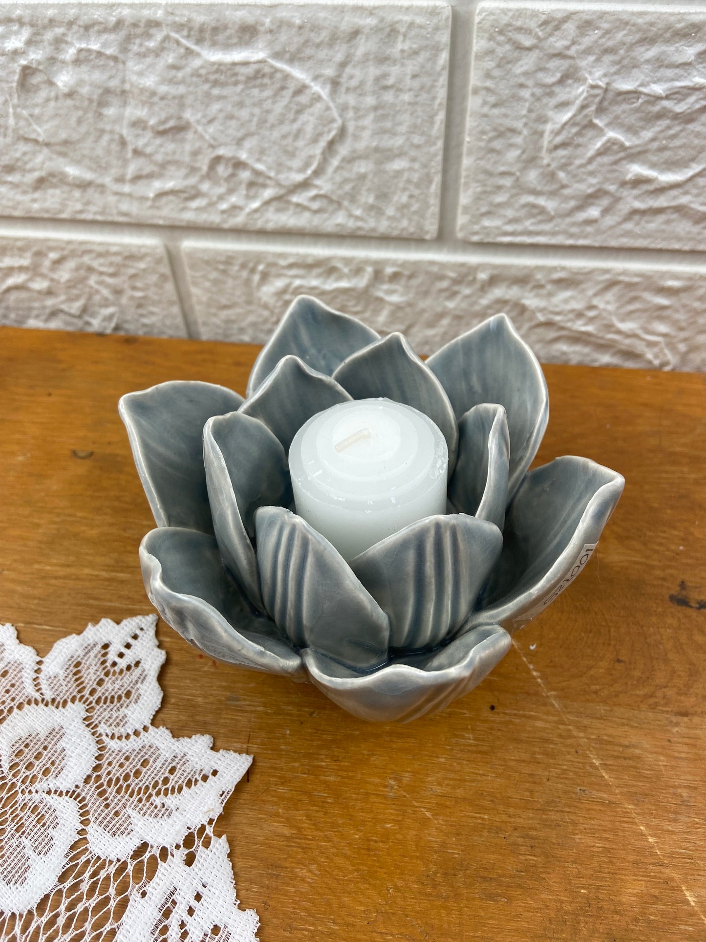 Ceramic Lotus-Shaped Candle Votive with Small Candle
