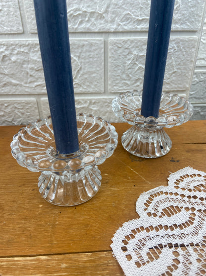 Pair of Pressed Glass Candle Holders with Fluted Rim