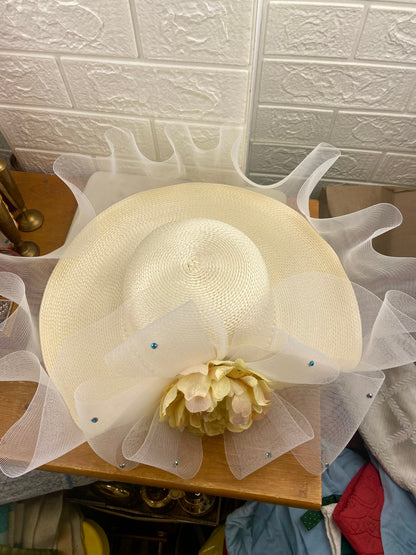 Gauzy Cream and Floral Sinamay Derby Hat with Rhinestones [One Size] by KaKyCo