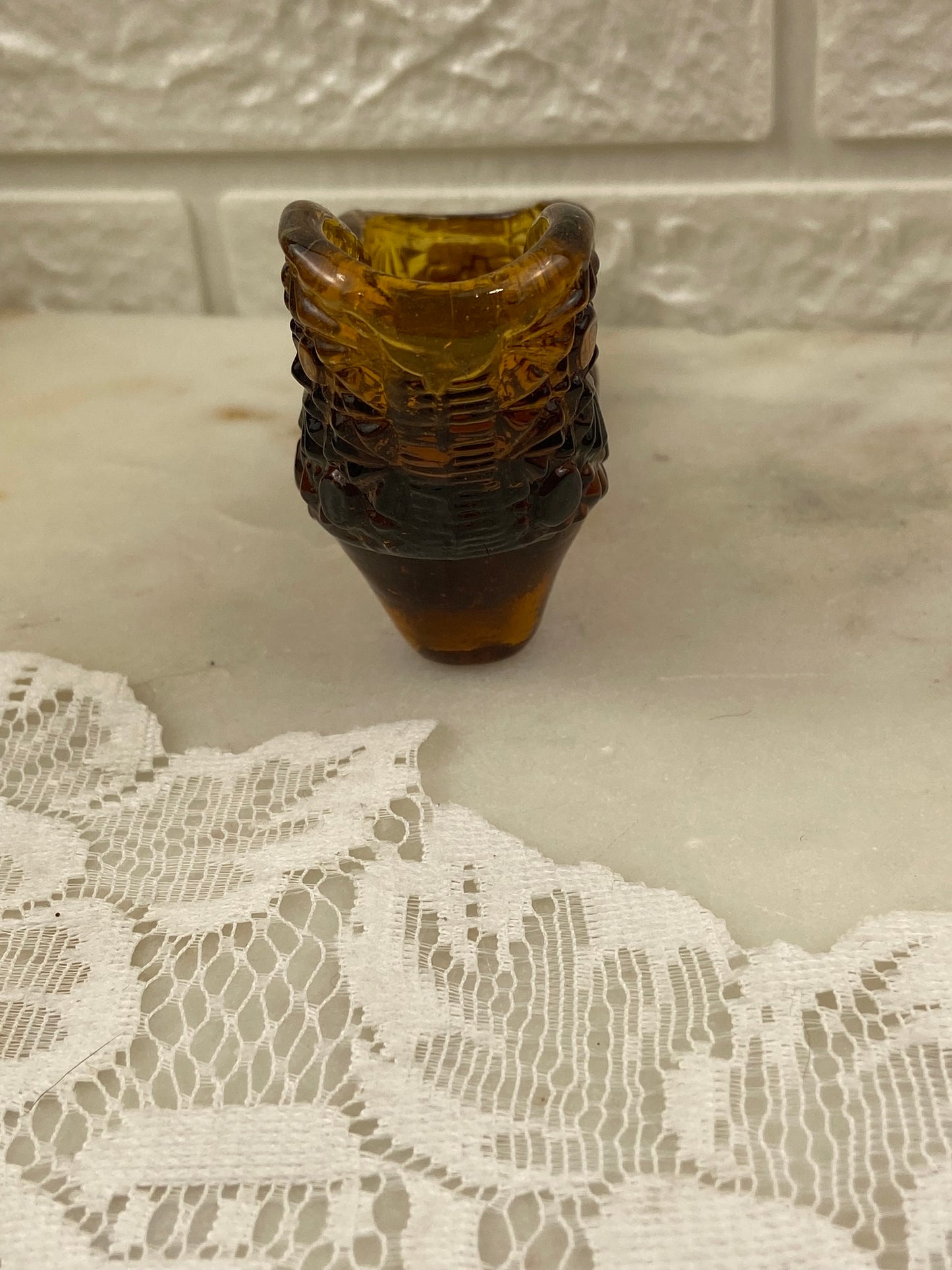 Dark Amber Glass Slipper with Button & Daisy Pattern | Match Strike Heel