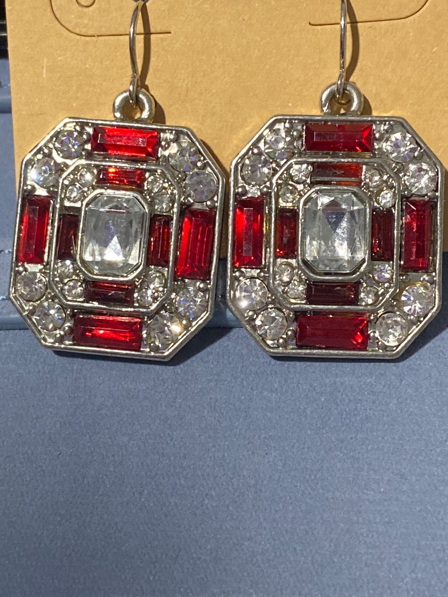 Red and Clear Glass or Crystal Dangle Earrings [Hooks]
