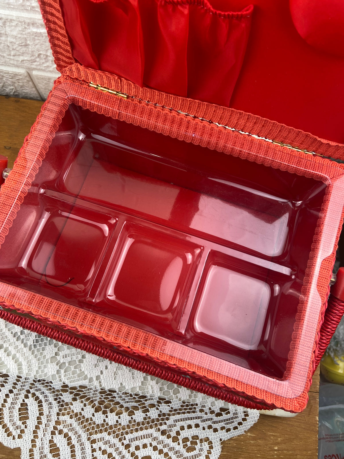 Red Satin Sewing Box | ** Several Small STAINS **