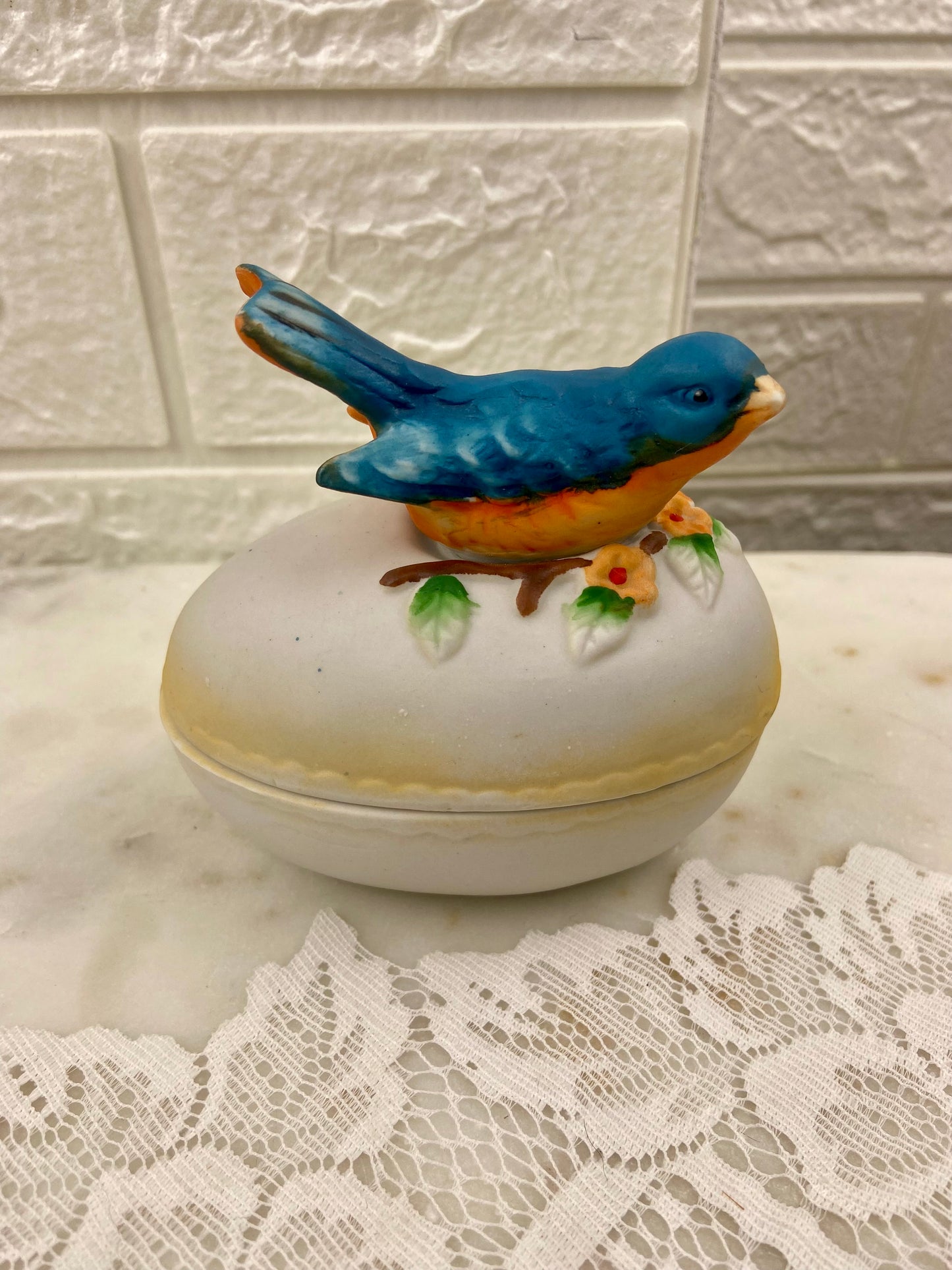 Bisque Porcelain Egg-Shaped Trinket Box with Blue Bird