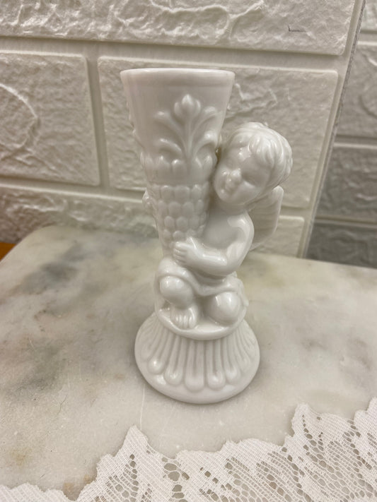 4.25” Glossy White Cherub Tapered Candle Holder