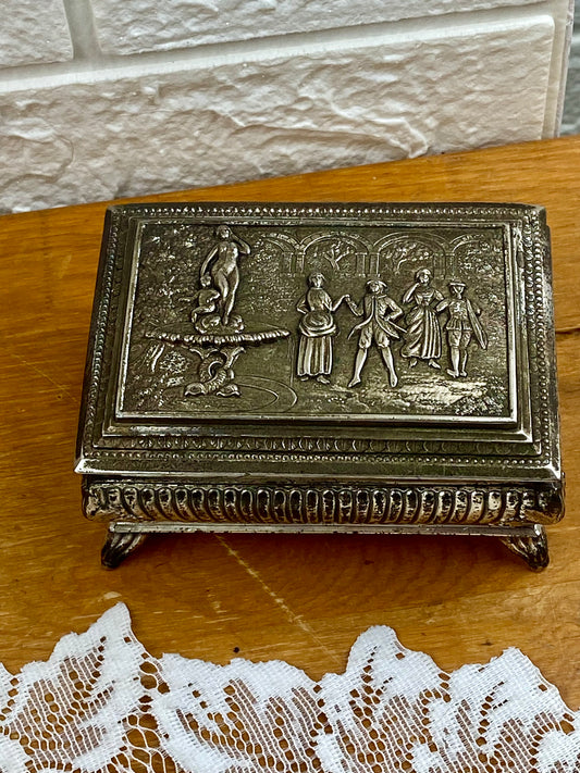 Footed Metal Jewelry Box with Embossed Lid and Navy Blue Velvet Lining