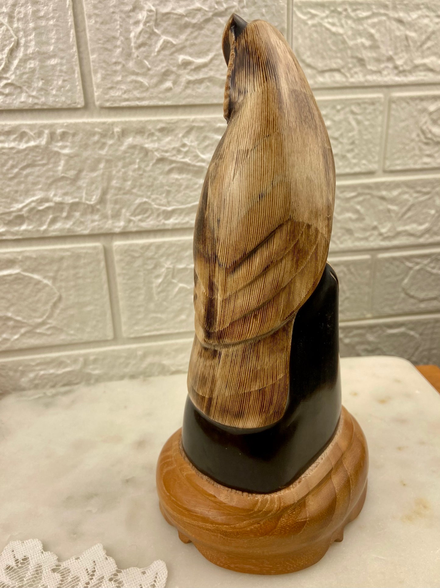 Hand-Carved Owl Sculpture from Water Buffalo Horn | Wooden Base