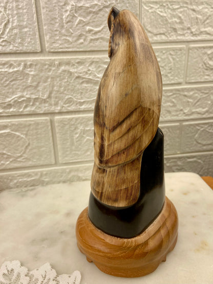 Hand-Carved Owl Sculpture from Water Buffalo Horn | Wooden Base