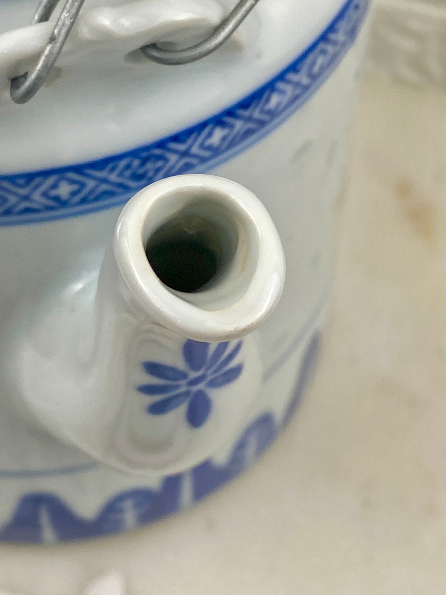 Blue and White Chinese Teapot with Translucent Ling Long or Rice Grain Pattern | Rattan Handle
