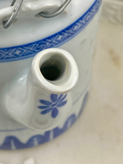 Blue and White Chinese Teapot with Translucent Ling Long or Rice Grain Pattern | Rattan Handle
