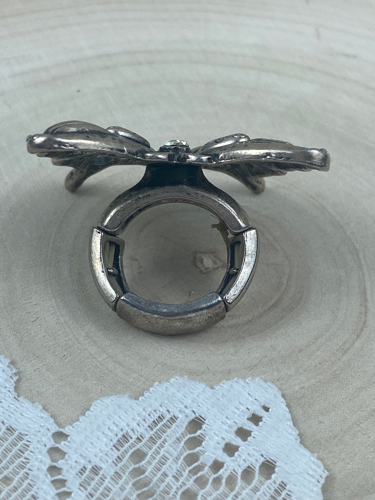 Large Metal Butterfly Ring with Rhinestones and Stretchy Band [Size 6+]
