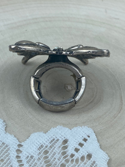 Large Metal Butterfly Ring with Rhinestones and Stretchy Band [Size 6+]