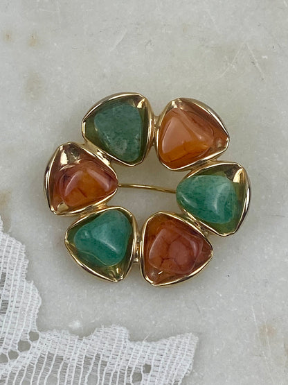 Gold-Tone Wreath Brooch with Natural Gem Stones | Green Adventurine & Carnelian