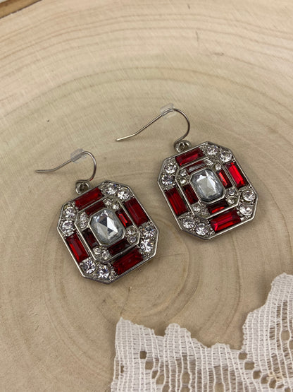 Red and Clear Glass or Crystal Dangle Earrings [Hooks]