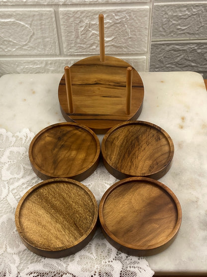 Set of 4 x Round Myrtlewood Drink Coasters with Stand