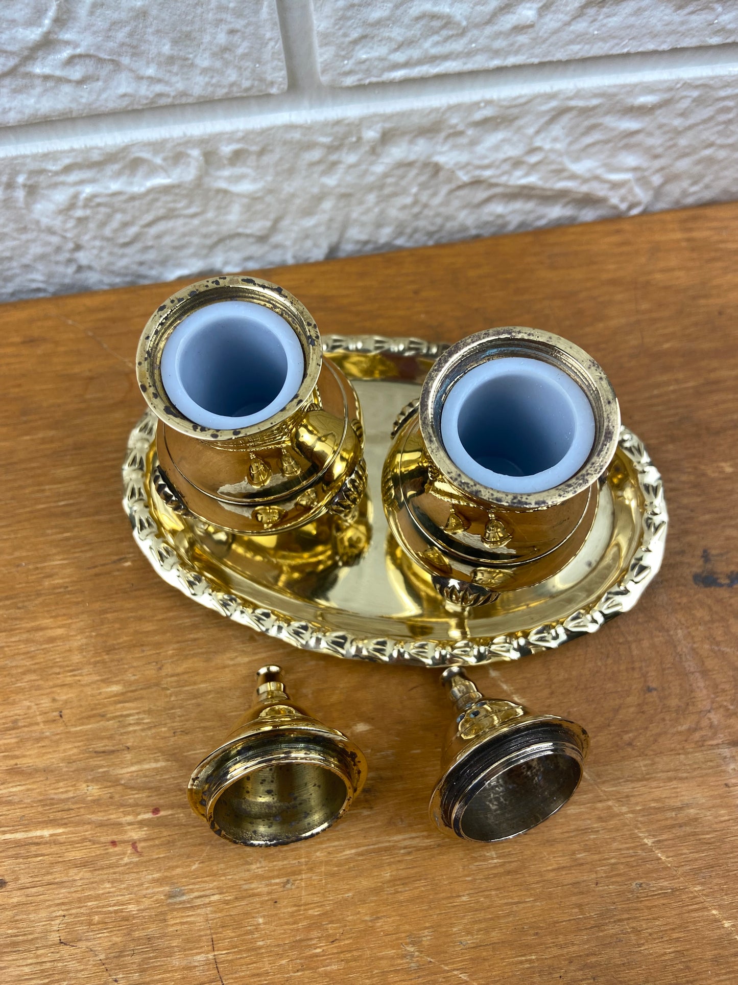 Polished Brass Salt & Pepper Shakers with Oval Tray