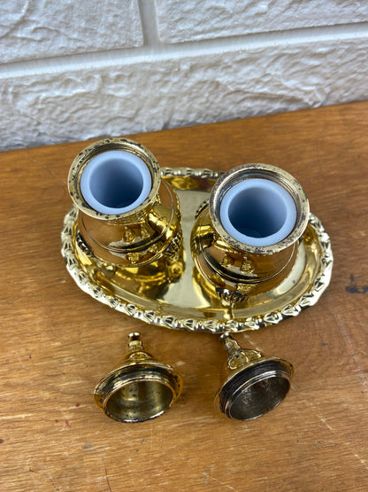 Polished Brass Salt & Pepper Shakers with Oval Tray