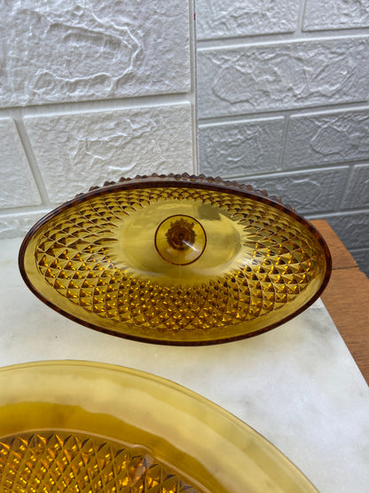 Vintage Amber Glass Covered Butter Dish by Indiana Glass Company | Diamond Point Pattern MCM