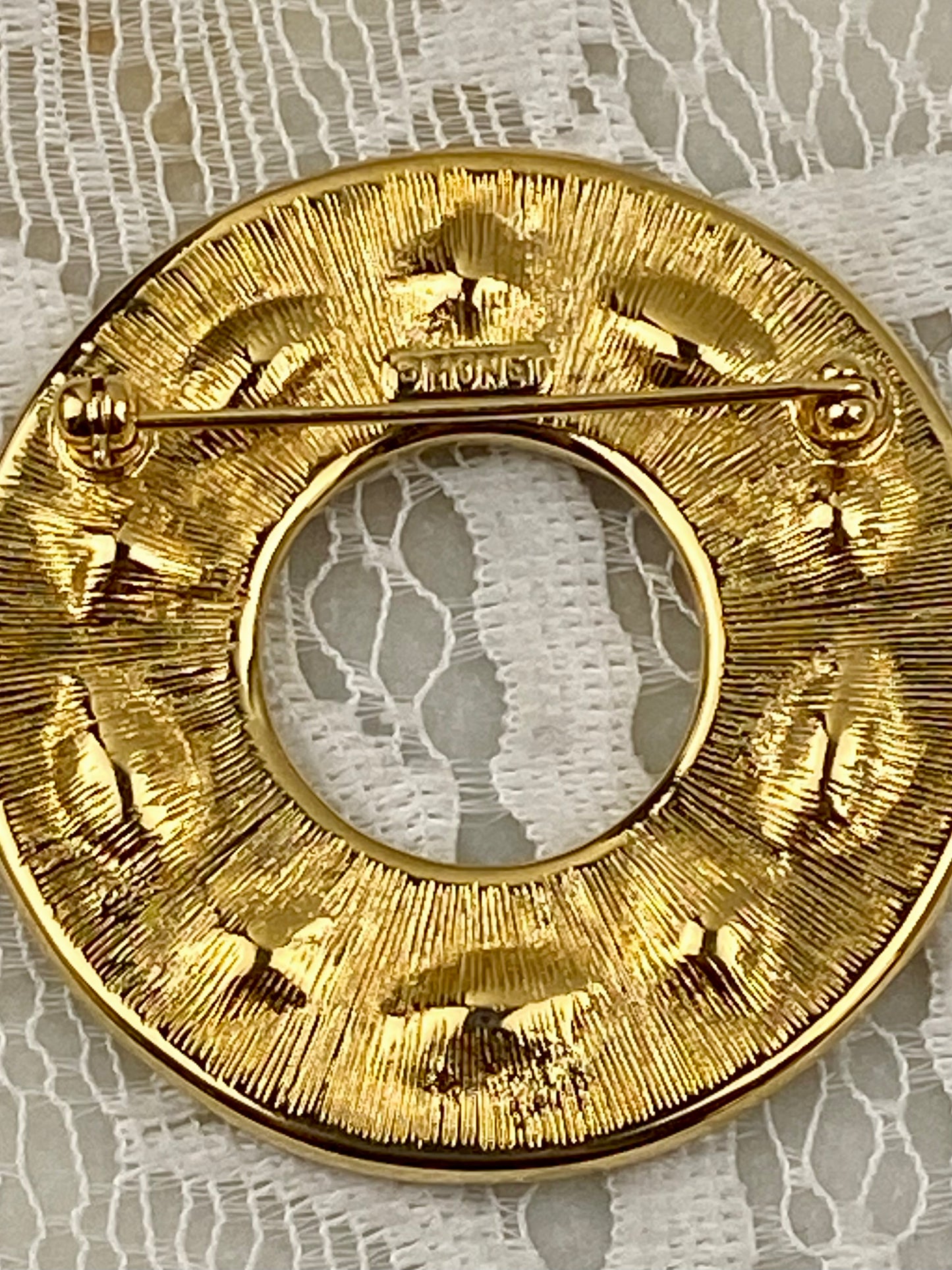 Vintage Black Enamel and Crystal Circle Brooch by Monet