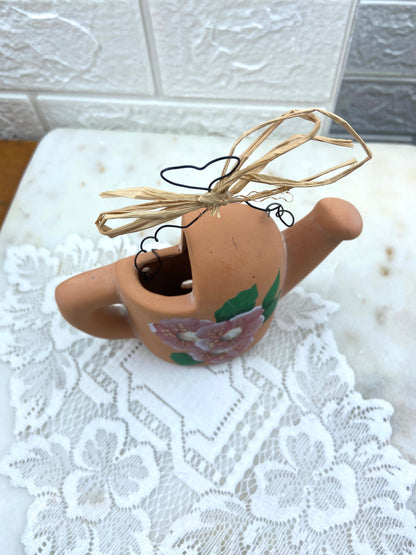 Small Hand Painted Terracotta Watering Can-Shaped Wall Pocket