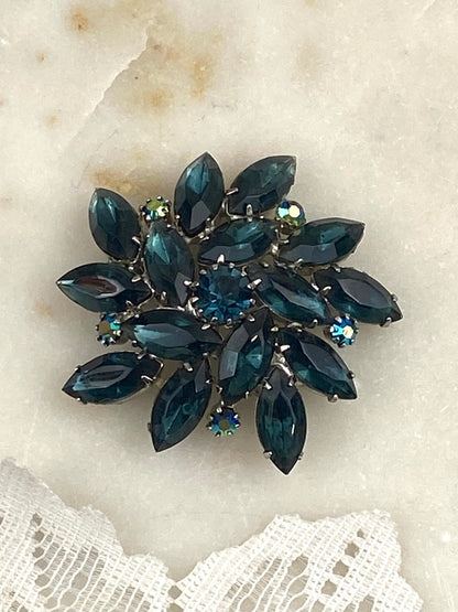 Greenish-Blue Marquis Cut Rhinestone Brooch | Pinwheel Shape