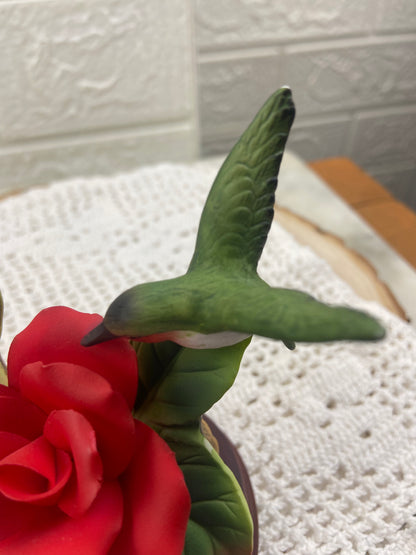 Red Bisque Porcelain Rose with Hummingbird on Small Branch