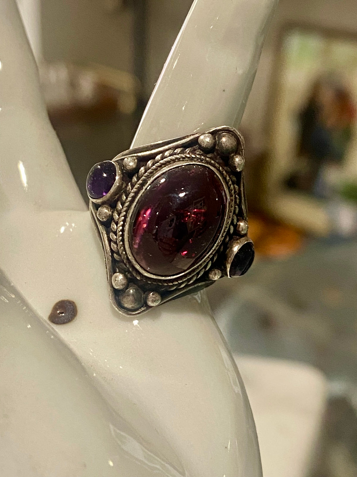 Sterling Silver Bohemian Ring with Rope Twist Detail | Clear Pinkish- Red Cabochon