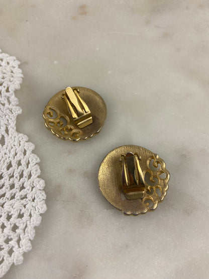 Cream, Gold and Black Enamel Earrings [Clip On]