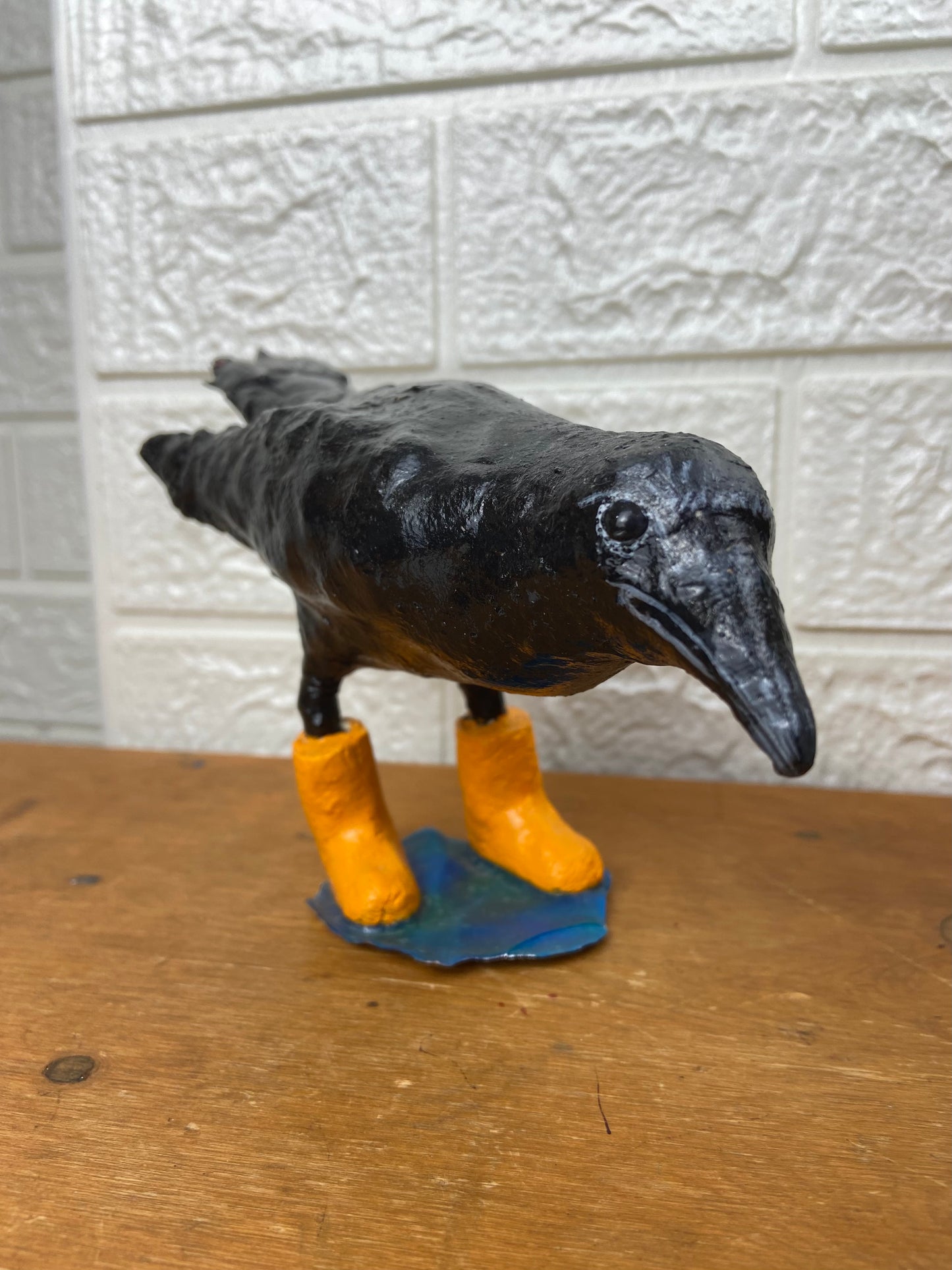 Handmade Paper Mache Crow in Rain Boots