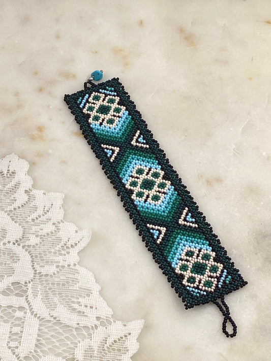 Handmade Glass Seed-Bead Wrap Bracelet with Loop Clasp | Geometric Boho Pattern
