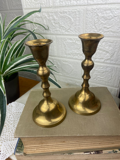 Pair of Sculpted Brass Tapered Candlestick Holders