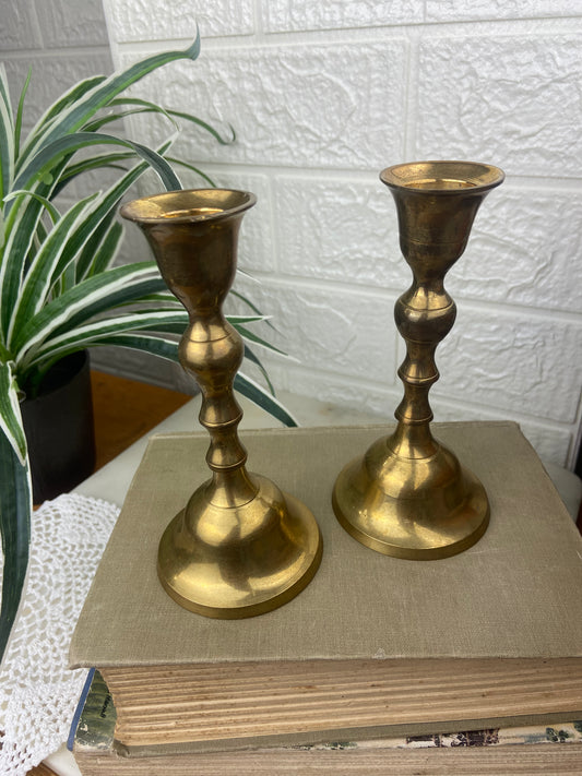 Pair of Sculpted Brass Tapered Candlestick Holders