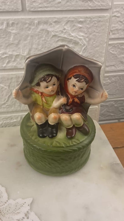 Porcelain Rotating Music Box | Children Sitting Under Umbrella